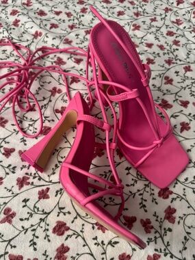 Public Desire Hot Pink Strappy Square-Toe Block Heels